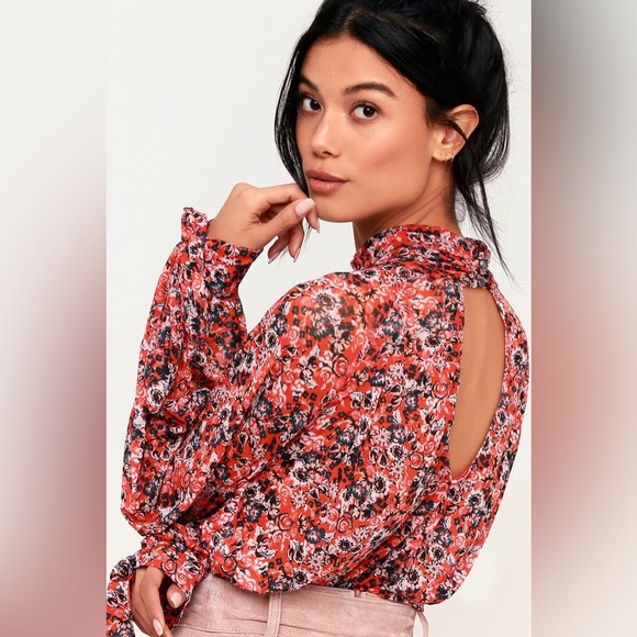 FREE PEOPLE All Dolled Up Floral Print Mesh Long Sleeve Crop Top in Red - Picture 1 of 10